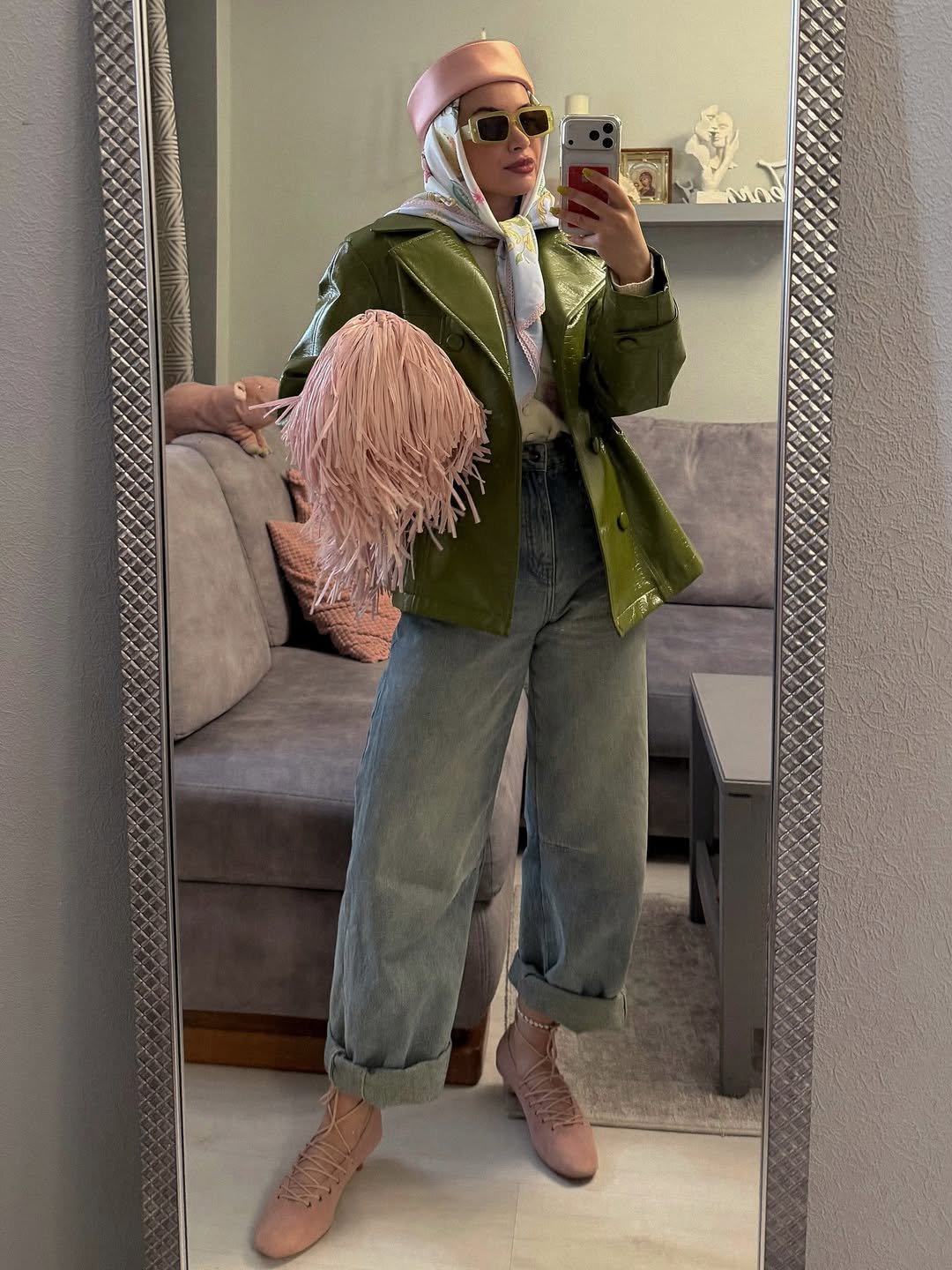 Olive Patent, Pastel Pink, and Wide-Leg Denim Modest Streetwear