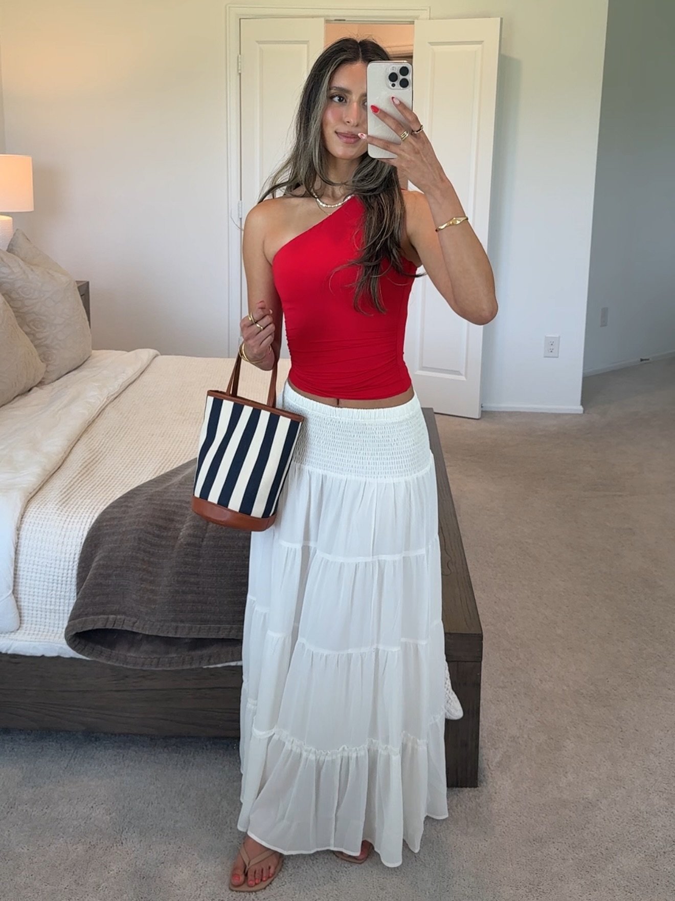 One-Shoulder Red Bodysuit with White Tiered Maxi Skirt