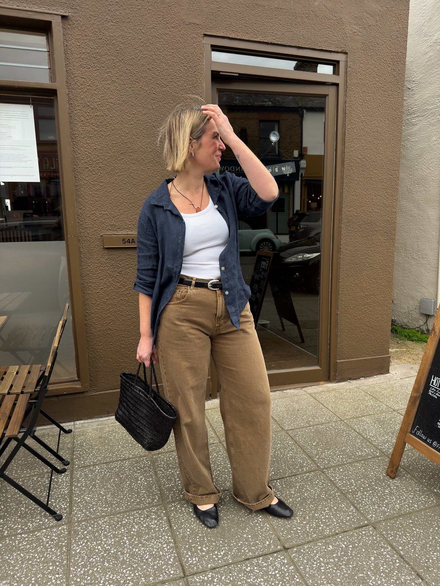 Open Navy Linen Shirt with Caramel Denim and Ballet Flats