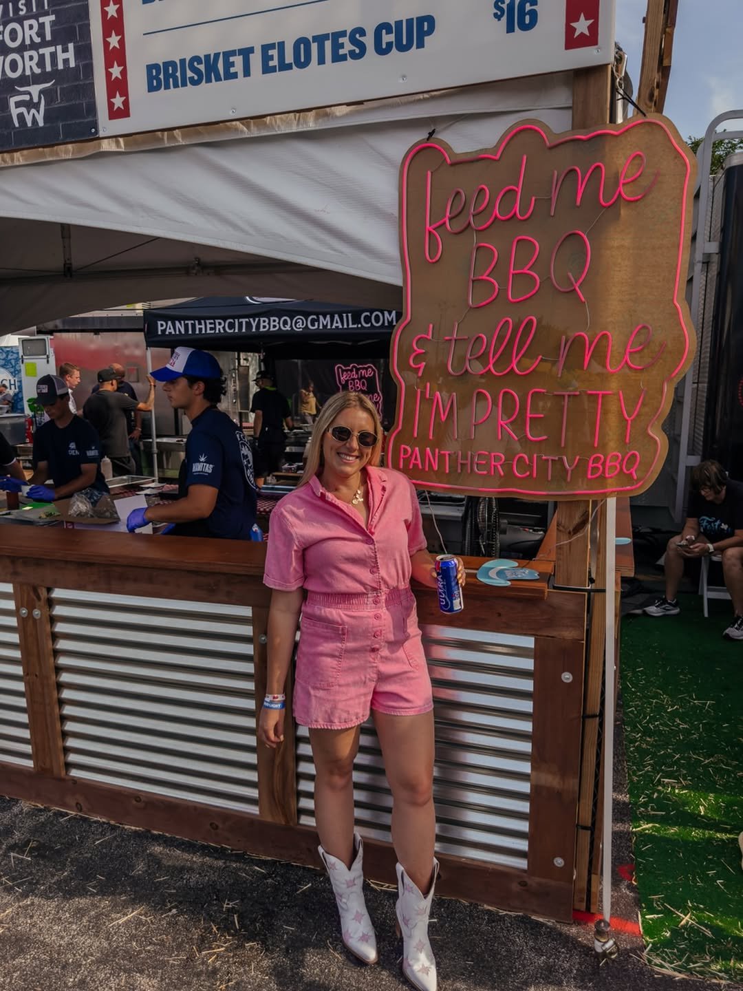 Outdoor BBQ Food Stand with Corrugated Metal Facade, Timber Framing, and Custom Pink Neon Signage