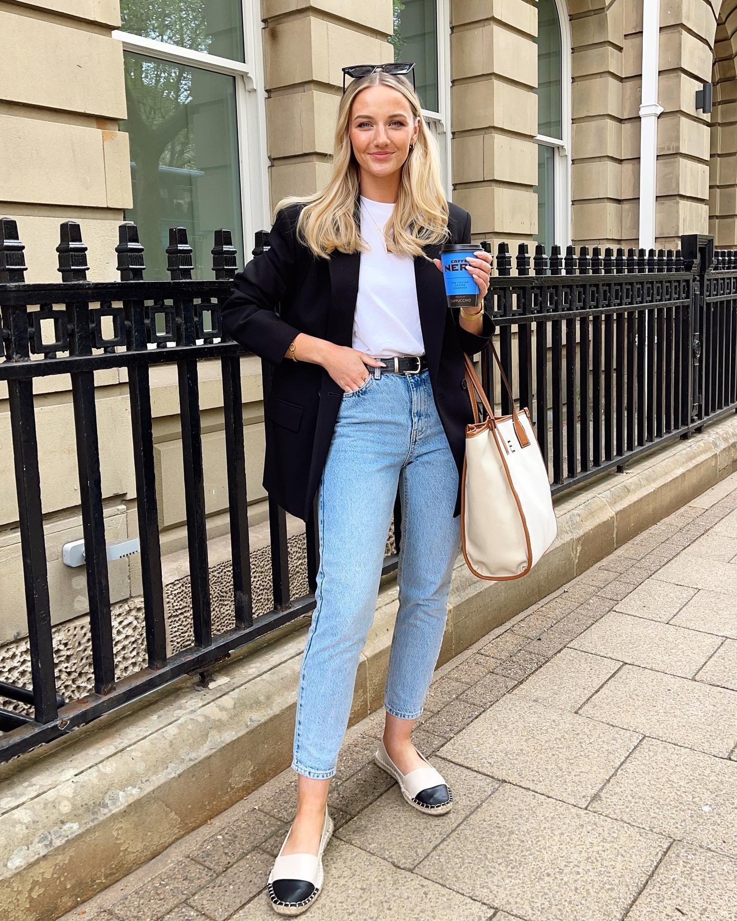 Oversized Black Blazer with Cropped Light-Wash Denim