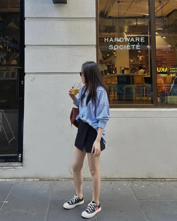 Oversized Blue Shirt and Black Skort Look