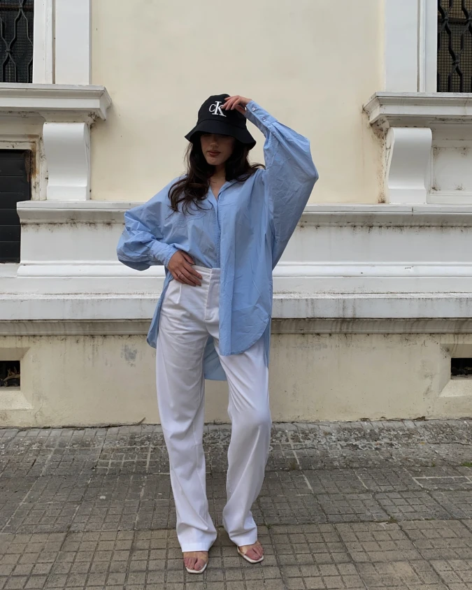 Oversized Blue Shirt and White Trousers Look