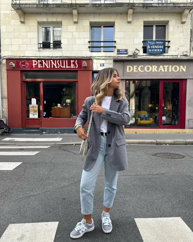 Oversized Grey Blazer, Classic Light Denim, Elevated Academic Style