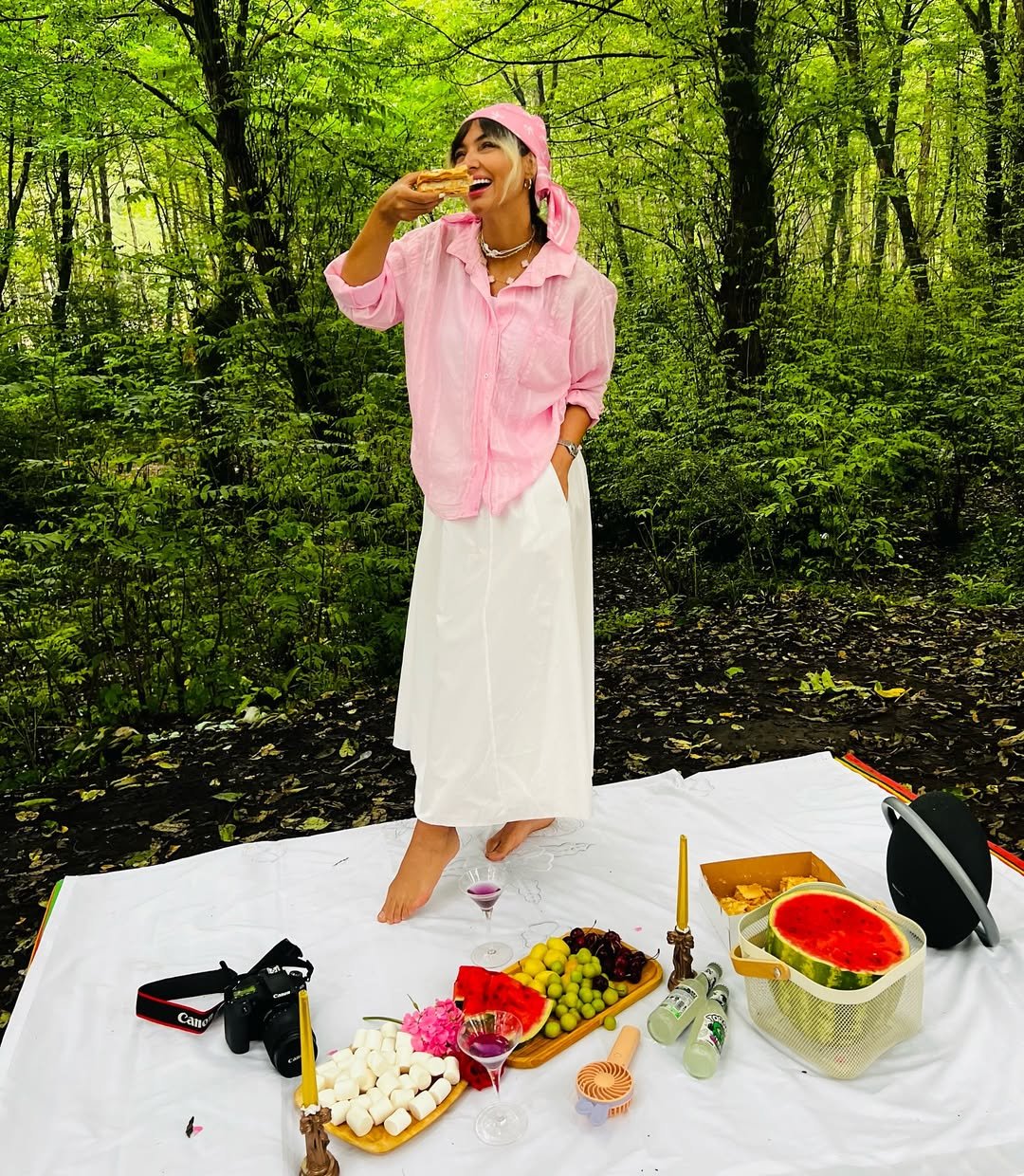 Oversized Pink Button-Down with a White Maxi Skirt and Matching Headscarf