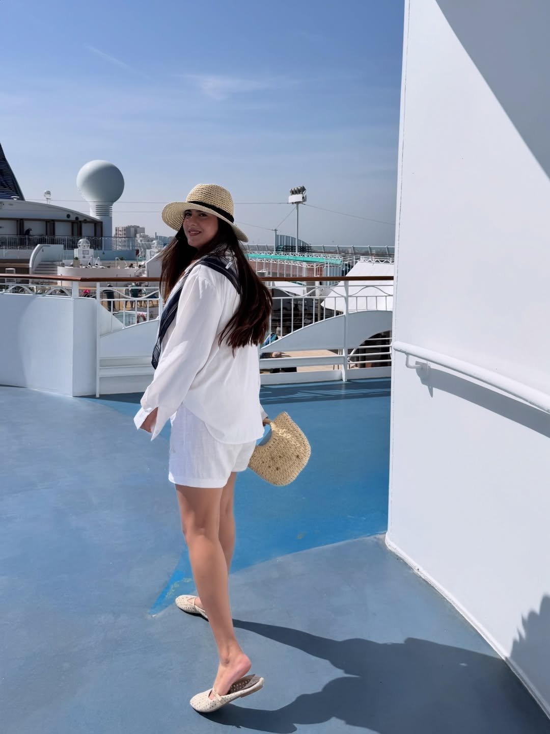 Oversized White Linen Shirt and Shorts with Straw Hat and Woven Tote