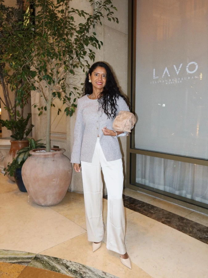 Pale Gray Cardigan with White Wide Leg Trousers at LAVO