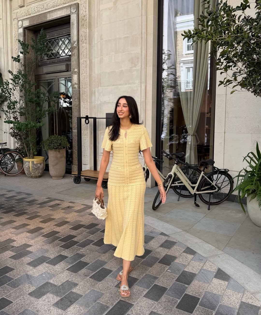 Pale Yellow Knit Midi Dress with Textured Geometric Weave