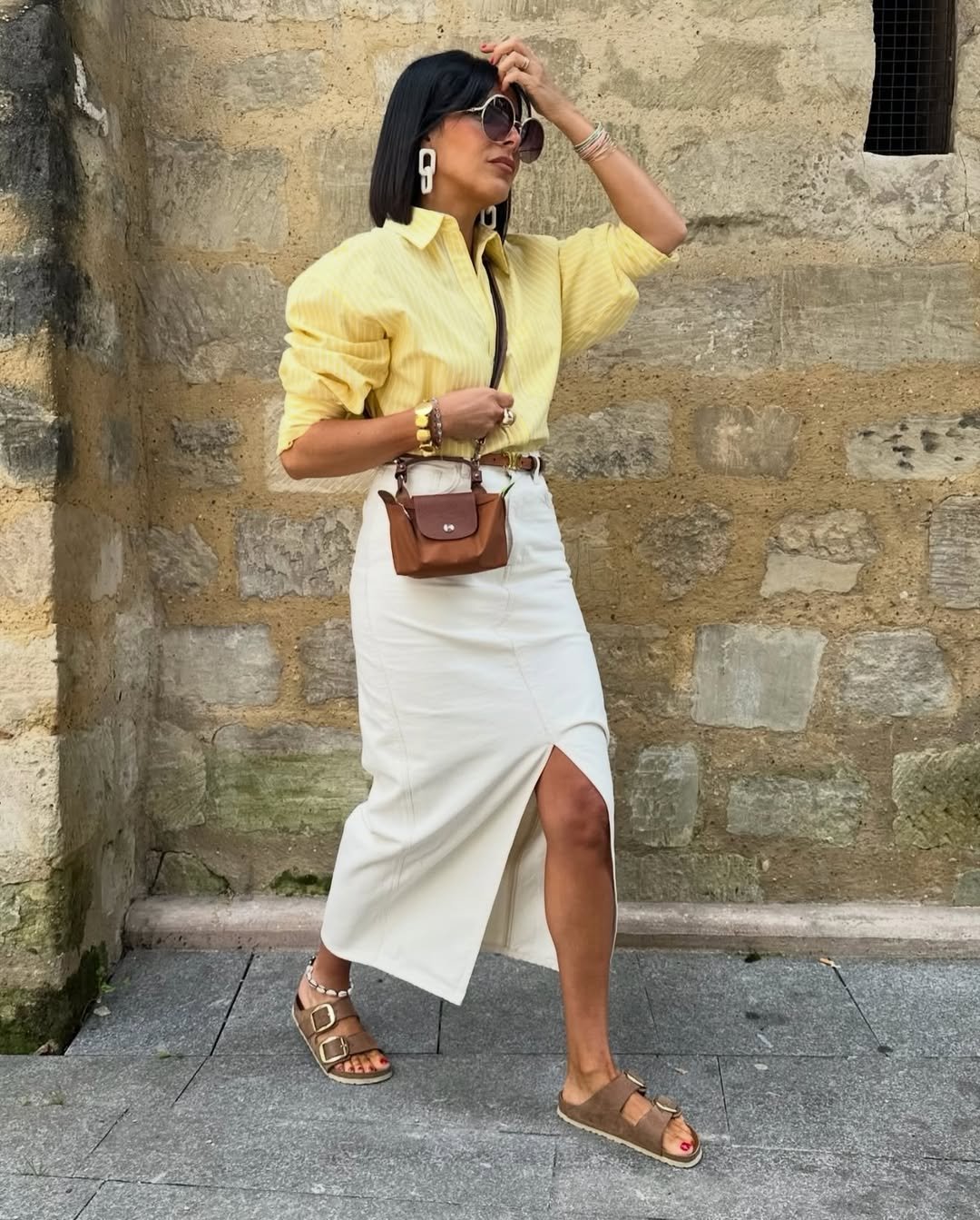 Pale Yellow Striped Shirt and Split White Midi Skirt Cozy Chic Weekend Separates