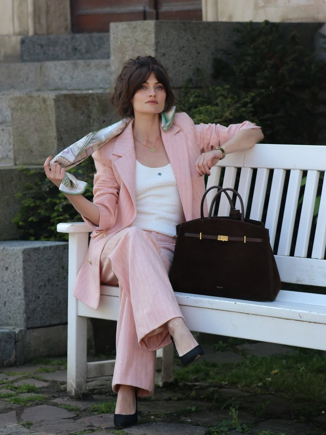 Pastel Pink Pinstripe Suit with Textured Knit Camisole and Suede Tote Bag