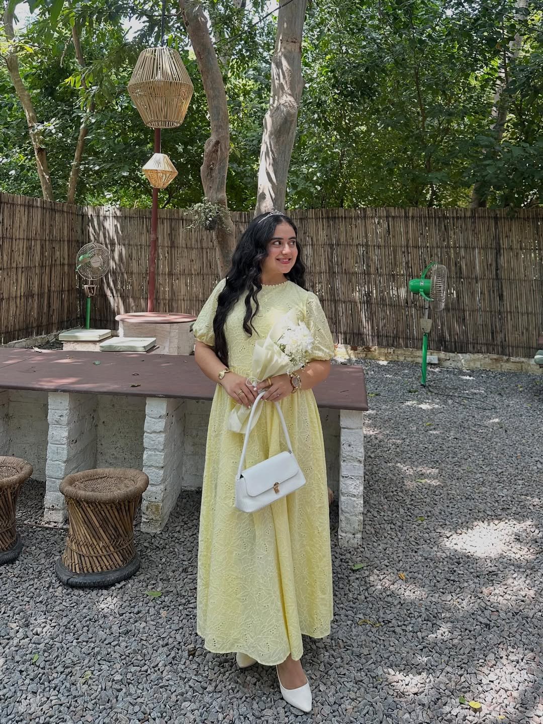 Pastel Yellow Eyelet Midi Dress