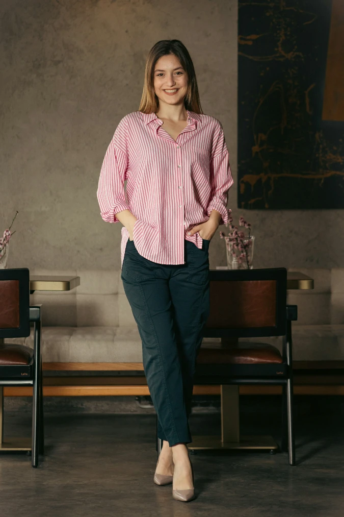 Pink Striped Shirt with Navy Tapered Trousers for Smart Client Meeting Ease