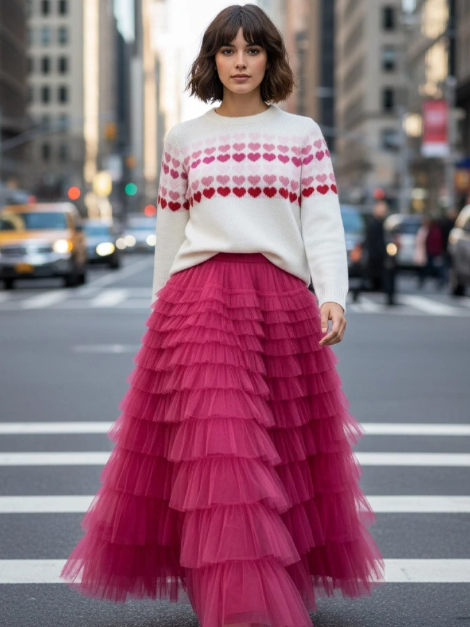 Pink Tulle Skirt with Heart Knit Sweater