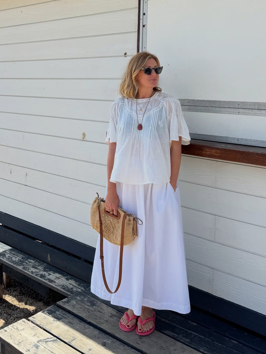 Pintuck Lace Blouse with a White Maxi Skirt and Pink Flip-Flops