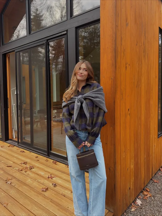 Plaid Cabin Shirt with Sweater Tie and Wide Leg Jeans