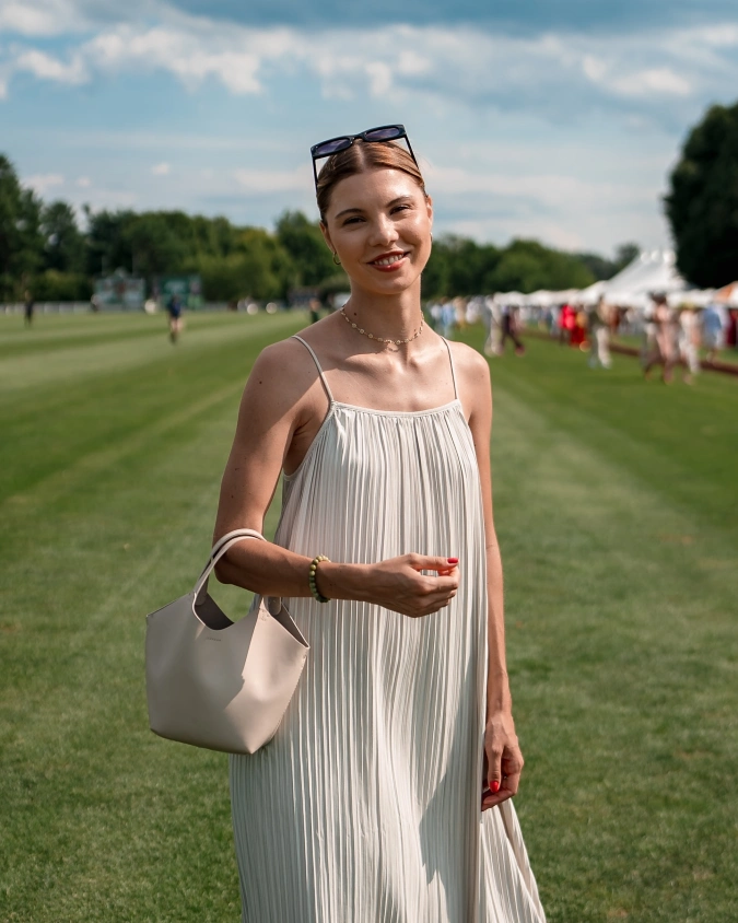 Pleated Ivory Slip Dress with Minimal Shoulder Straps at Open Polo Lawn