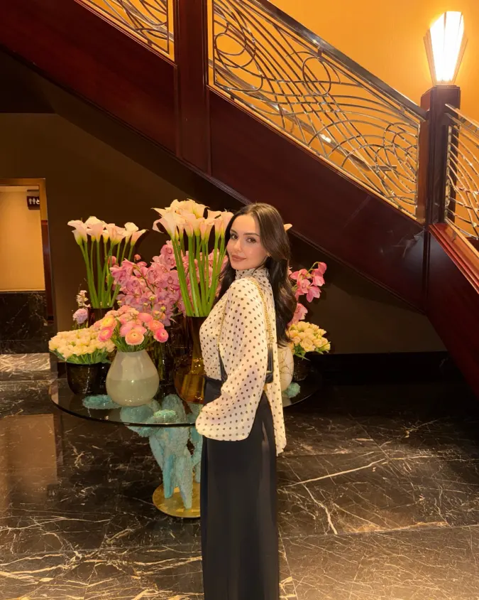 Polka Dot Blouse and Black Wide Leg Trousers for a Dressy Anniversary Date Look