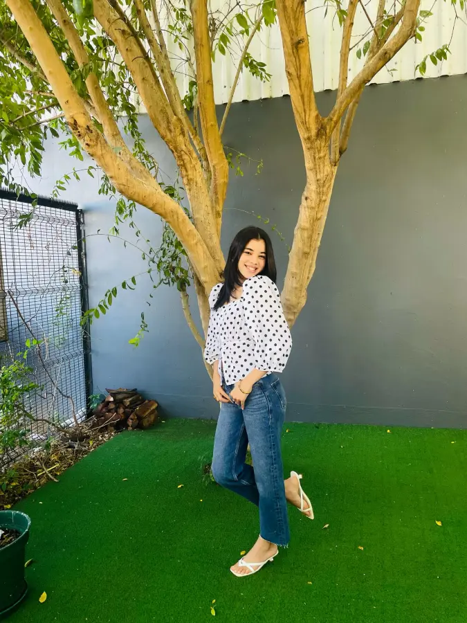 Polka Dot Denim Coffee Shop Study Outfit