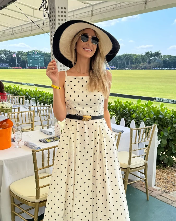  Polka Dot Midi Dress with Wide Brim Hat at Champagne Polo Seating