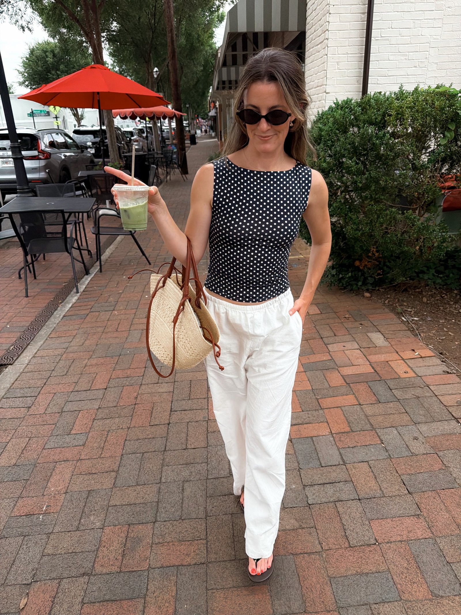 Polka-Dot Sleeveless Top with White Linen Trousers