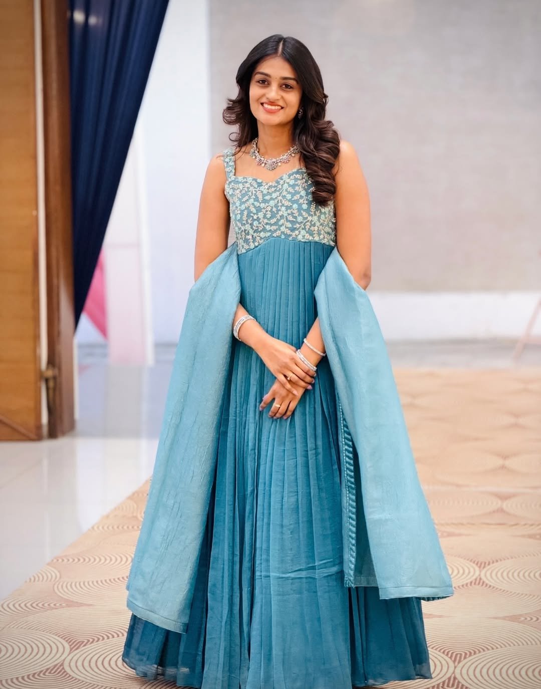 Powder Blue Pleated Anarkali Gown