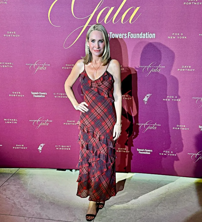 Red Plaid Ruffled Midi Dress at Step-and-Repeat Charity Gala Wall
