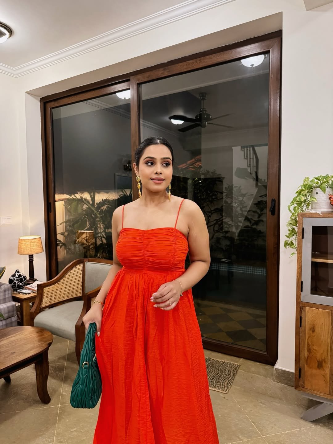 Red Ruched Maxi Dress and Emerald Clutch