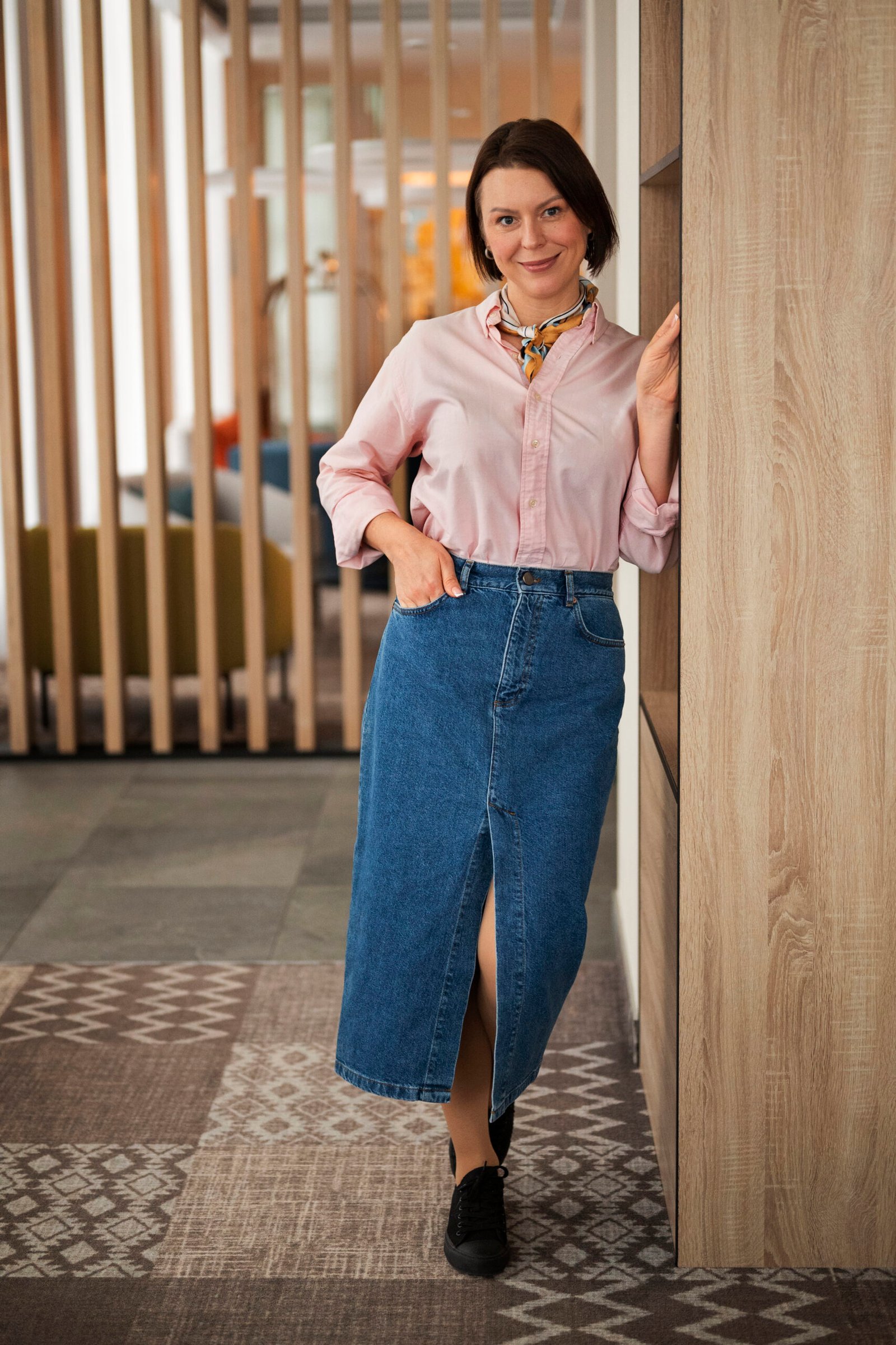 Relaxed Denim Skirt and Pink Shirt Combo