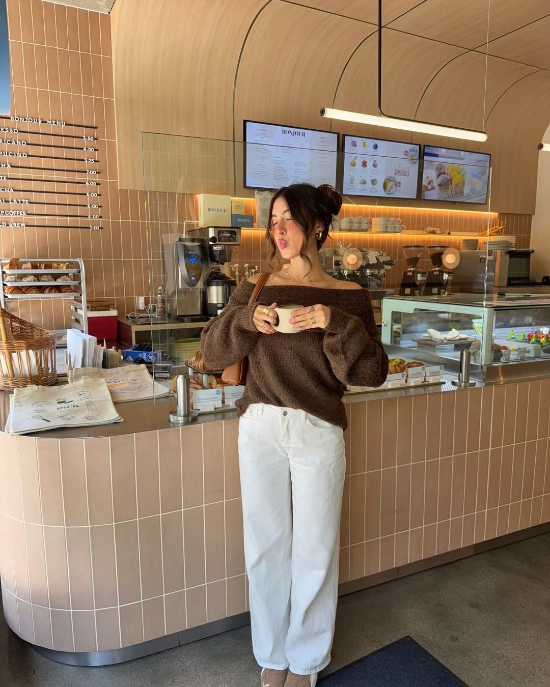 Rich Brown Chunky Knit Sweaters and White Wide Leg Pants Expensive Looking and Practical Fall Outfits For Women That Cost Very Little