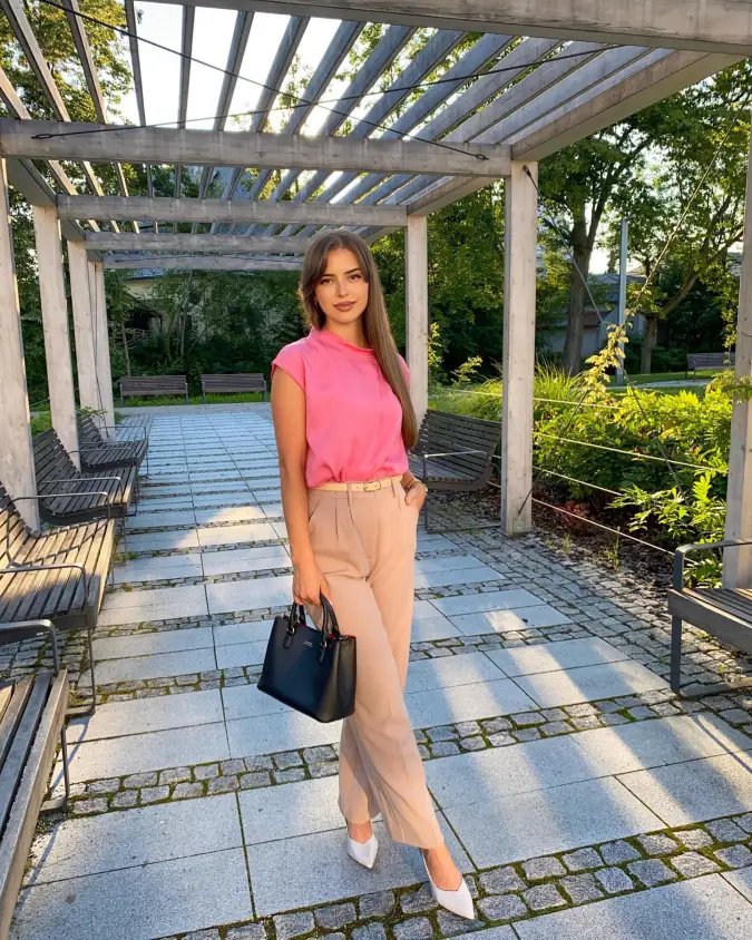 Rose Pink Sleeveless Blouse and Beige Tailored Pants  