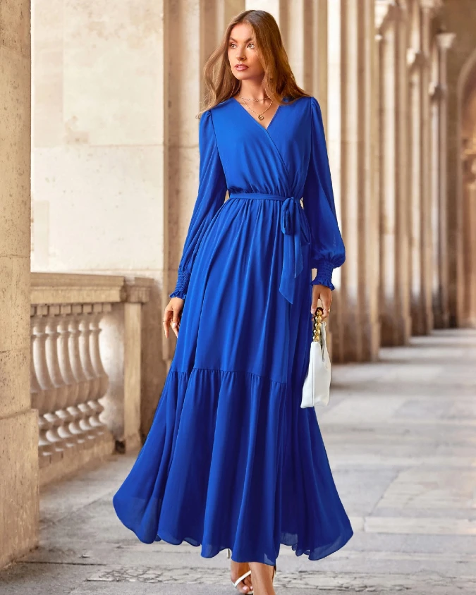 Royal Blue Wrap Maxi Dress with Elegant Modest Day to Evening Style for Petite Women