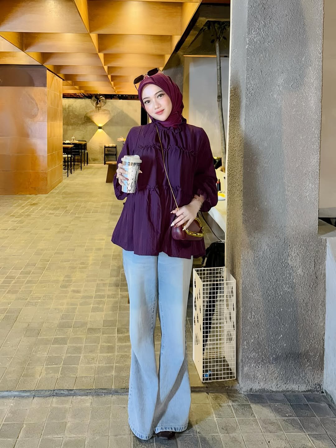 Ruffled Magenta Blouse with Wide Leg Jeans Conference Ready and Coffee Smart Modest Outfit