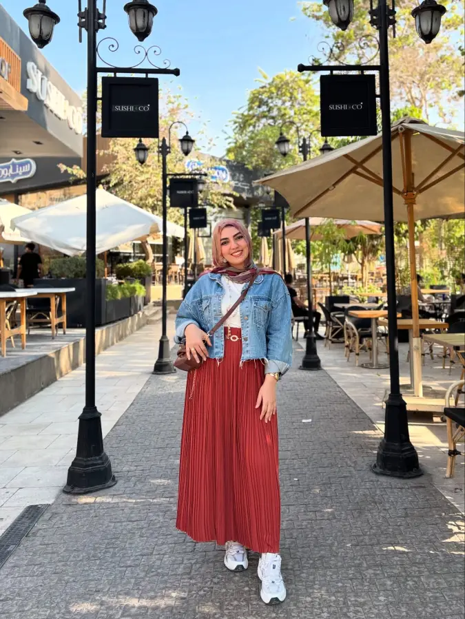 Rust Pleated Maxi Skirt, Cropped Denim Layer, Modest Weekend Style for a New Mom First Outing