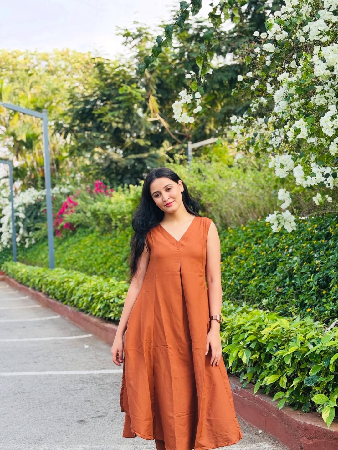 Rust V-Neck Pleated Midi Dress