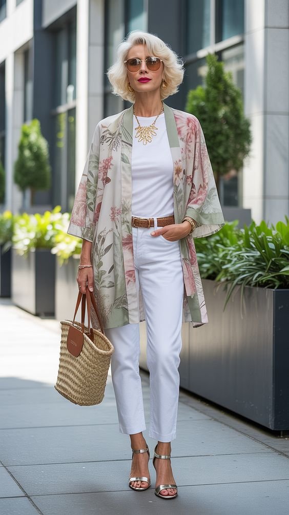 Sage Floral Kimono and Crisp White Denim Chic Chic Casual Layering