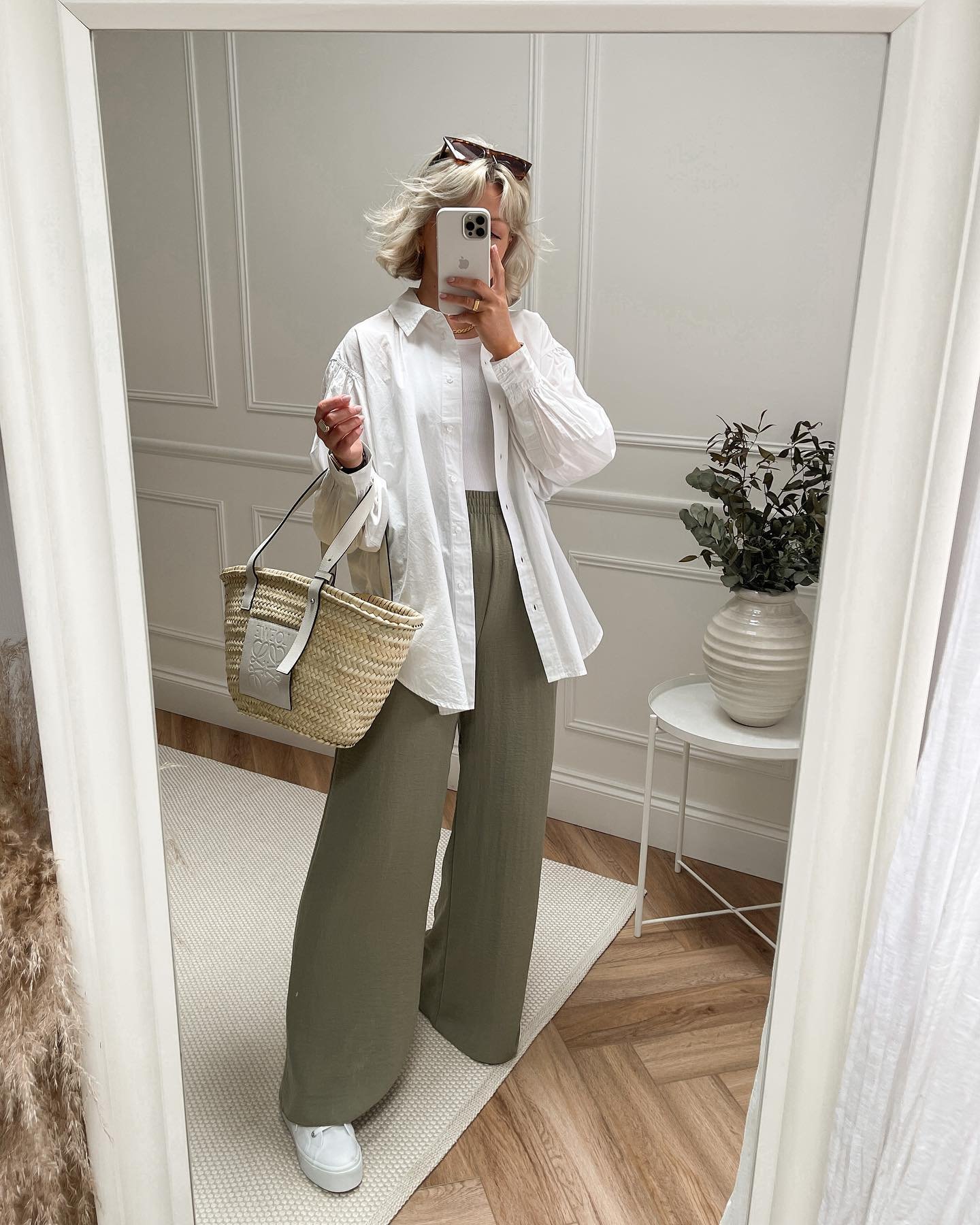 Sage Green Flowy Trousers with Open White Poplin Shirt and Straw Tote