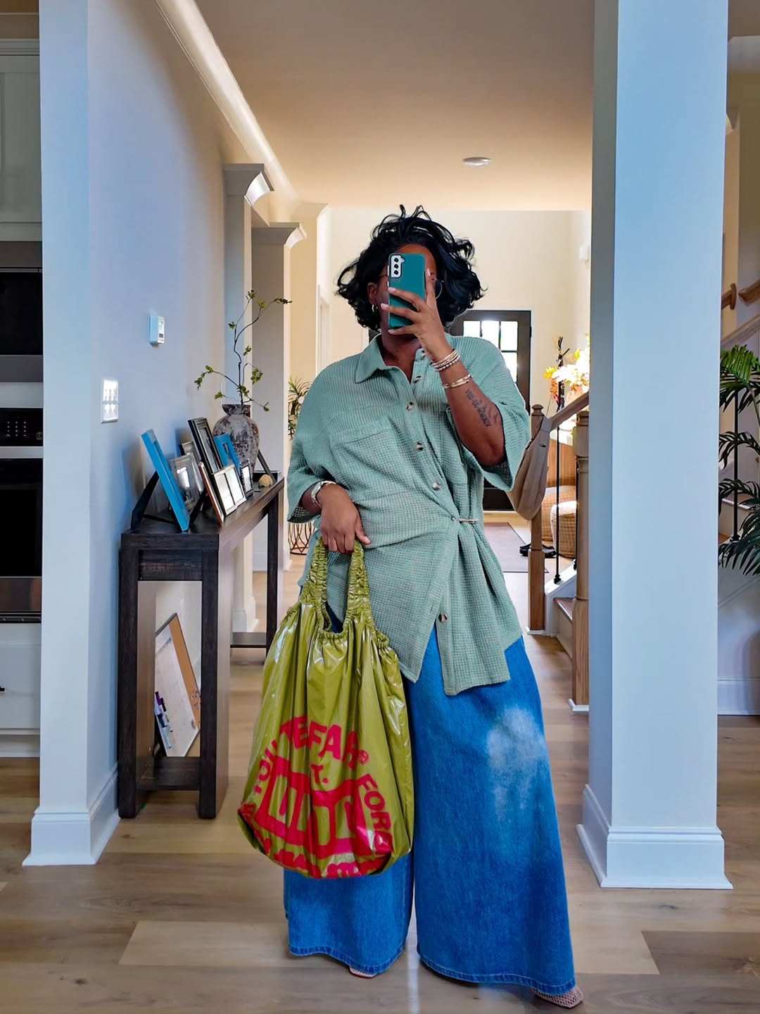Sage Green Textured Top and Wide Blue Denim Flowy Everyday Loungewear