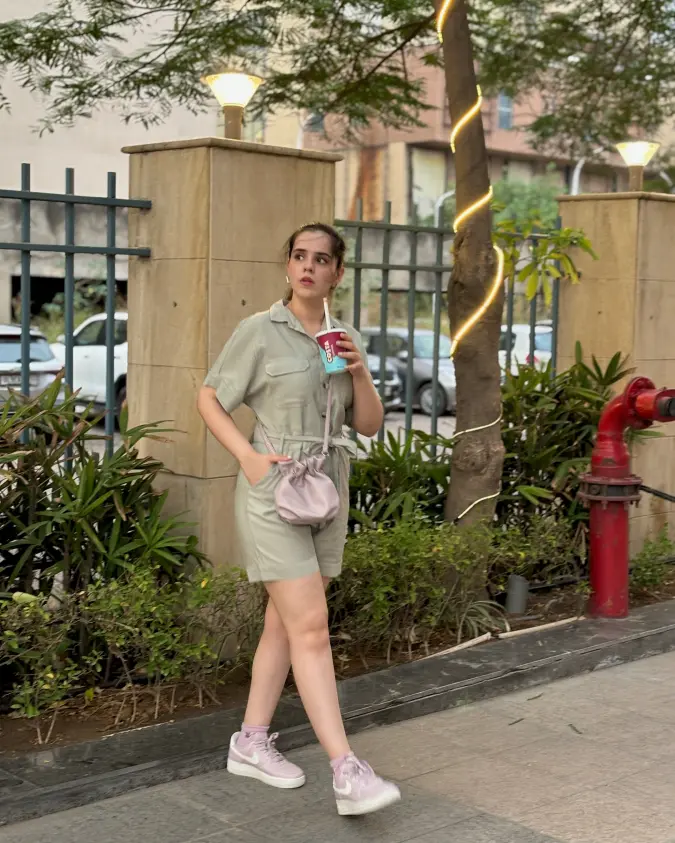 Sage Green Utility Romper, Soft Lilac Accents, Casual Mom on the Move Style