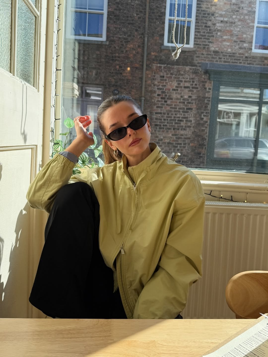 Sage Mock-Neck Zip Windbreaker and Wide-Leg Trousers for Effortless City Transitions