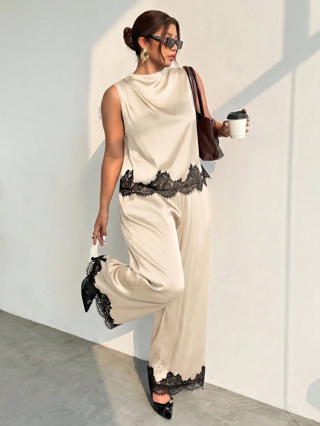 Satin Lace-Trimmed Co-ord