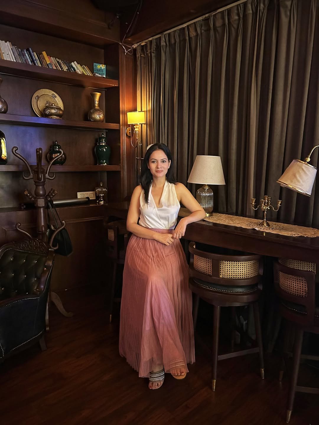 Silk Halter Top with Pleated Tulle Maxi Skirt