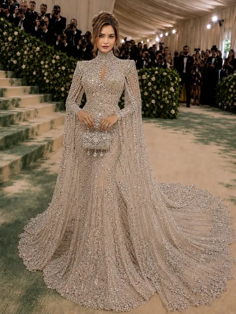 Silver Crystal Embellished Cape Gown on Garden Staircase Red Carpet