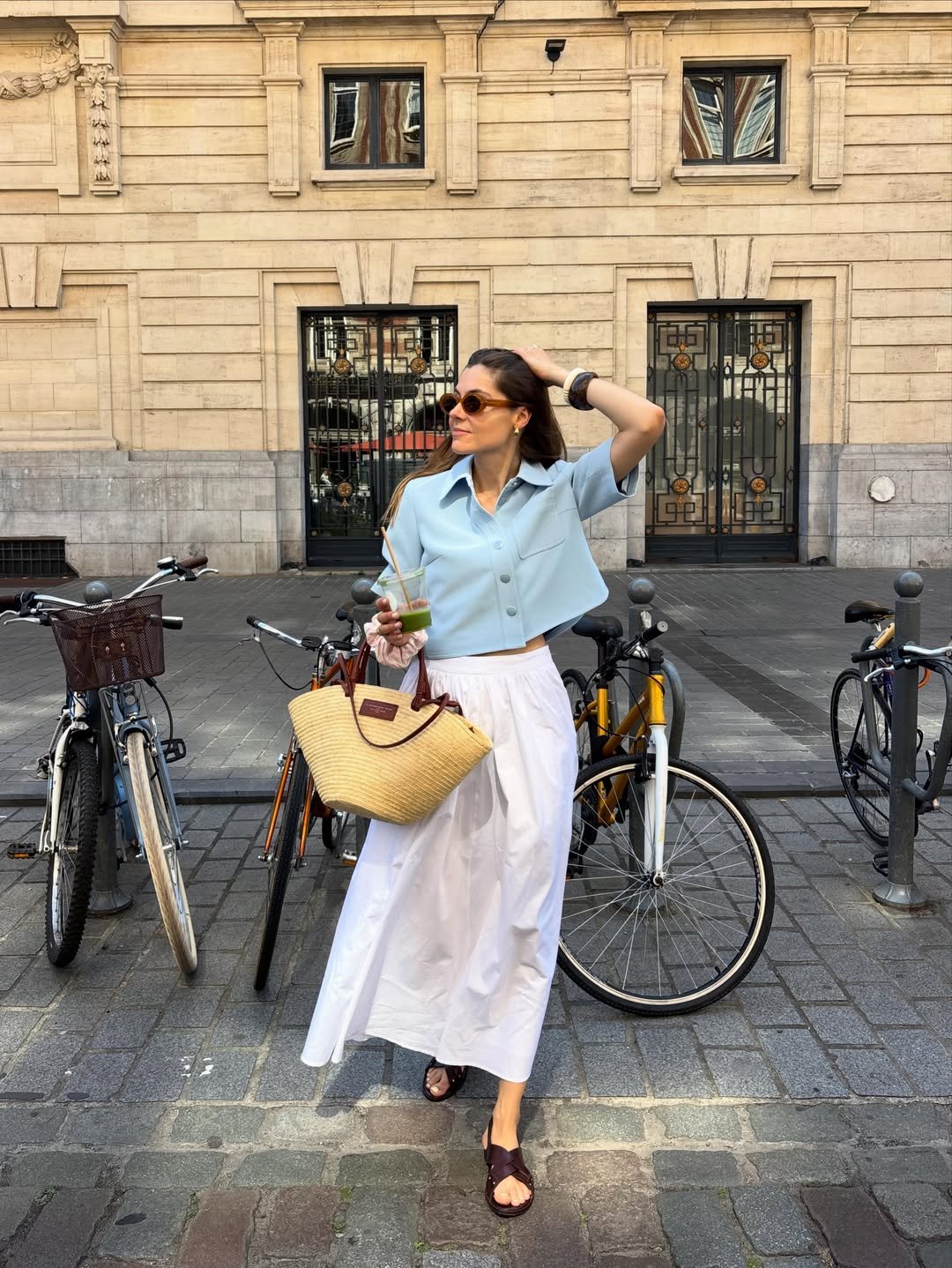 Sky Blue Cropped Shirt and Flowy White Maxi Skirt Modest Summer Streetwear