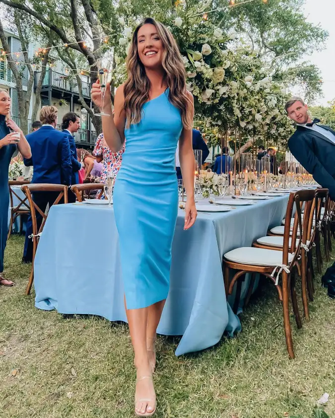 Sky Blue One Shoulder Midi at an Outdoor Reception