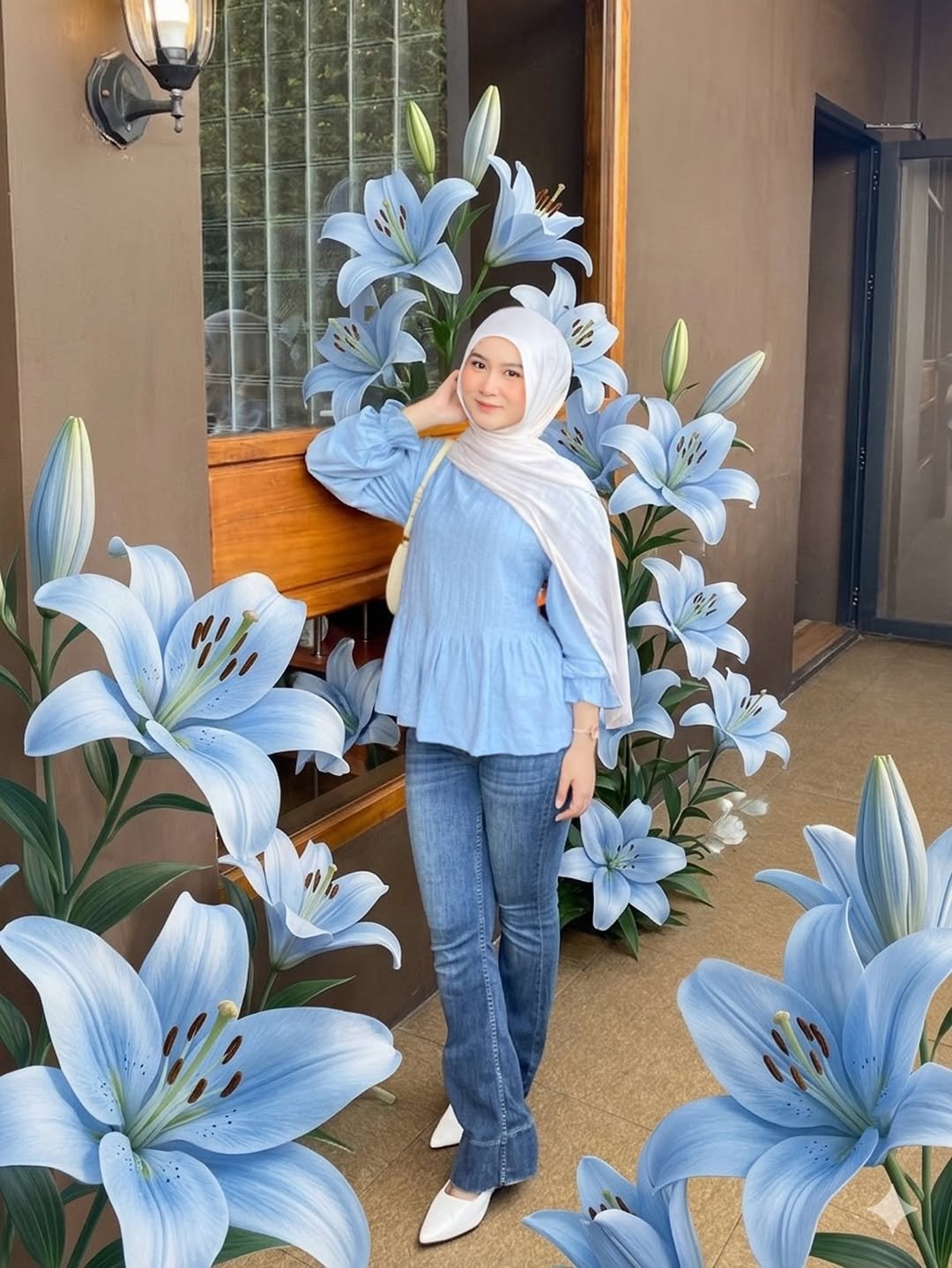 Sky Blue Peplum and White Hijab Casual Professional Style