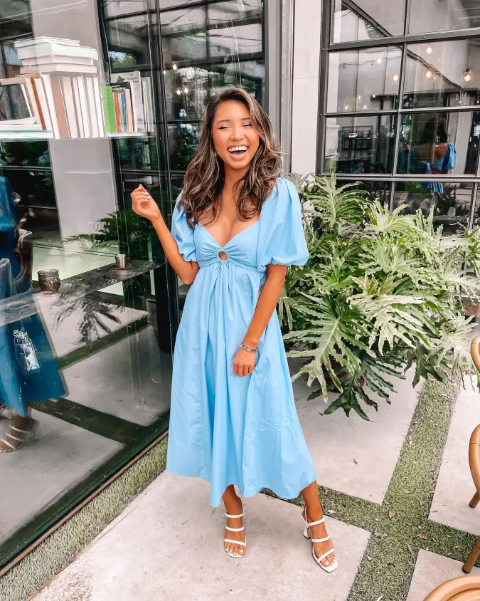 Sky Blue Puff Sleeve Midi with White Strap Heels