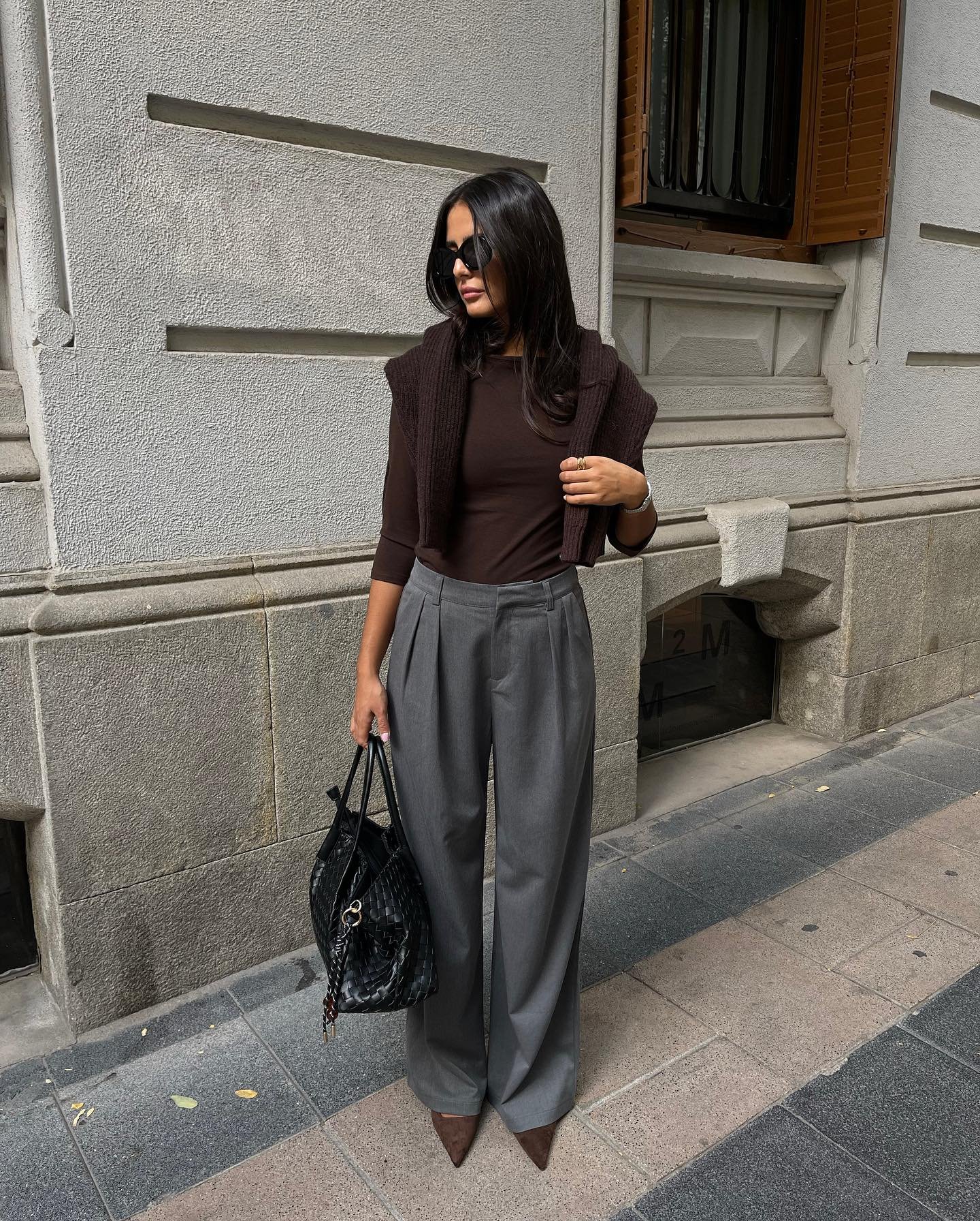 Slate Grey Trousers with Chocolate Brown Top and Pointed Suede Heels