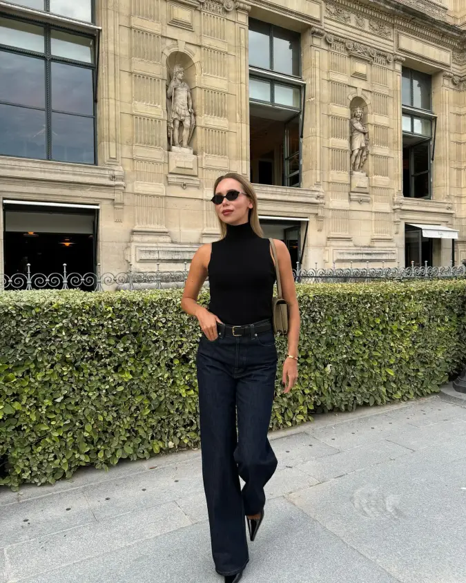 Sleek Black Mock Neck and Wide Leg Denim Anniversary Date Look