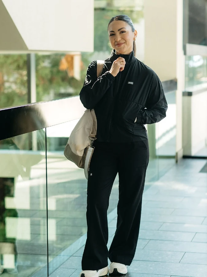 Sleek Black Track Jacket Scrub Look