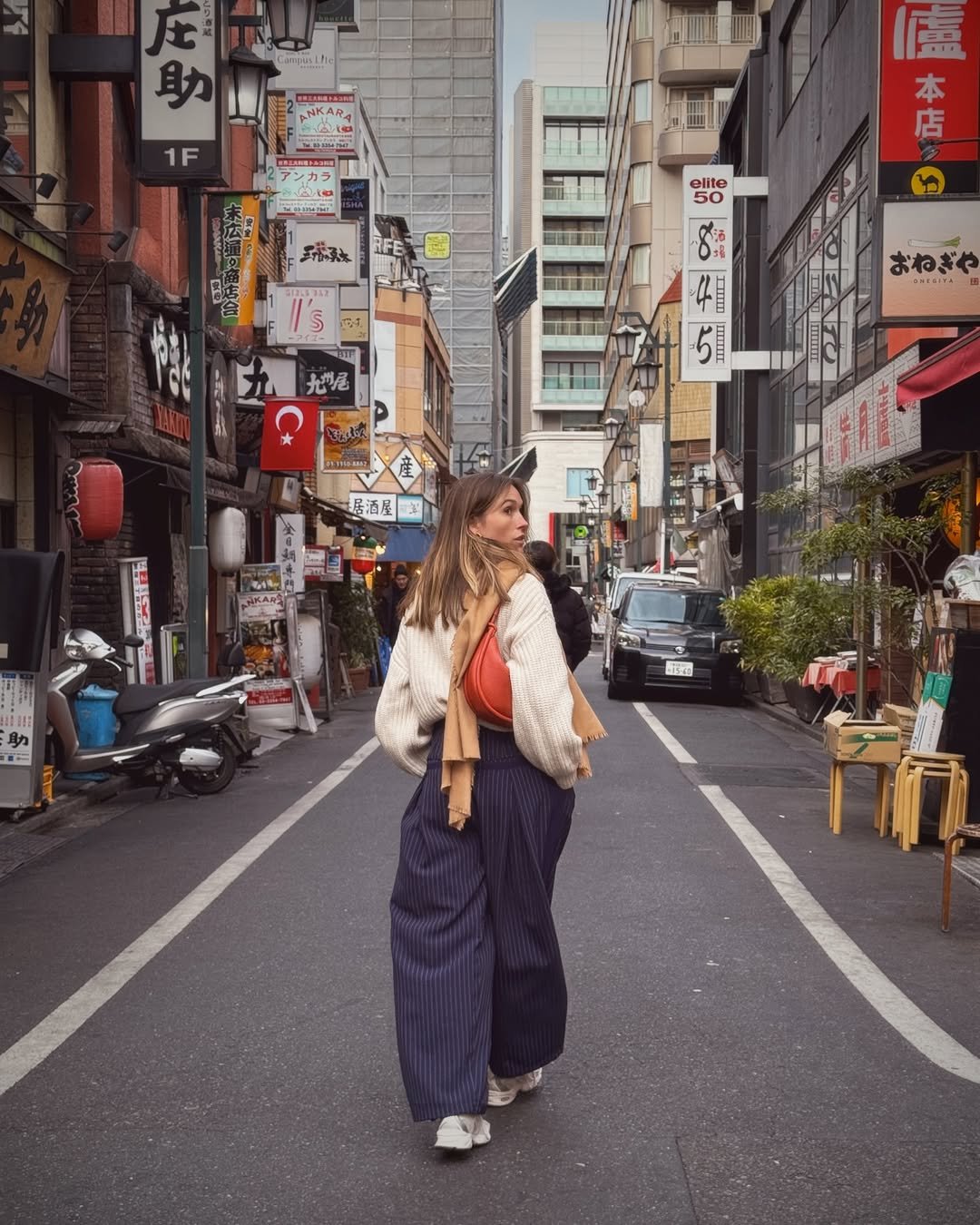 Slouchy Ribbed Knit and Pinstripe Wide-Leg Slacks Casual Tokyo Vacation Streetwear
